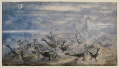 魔女と若いドラゴンのいる月明かりに照らされた風景、1876 作： Richard Doyle