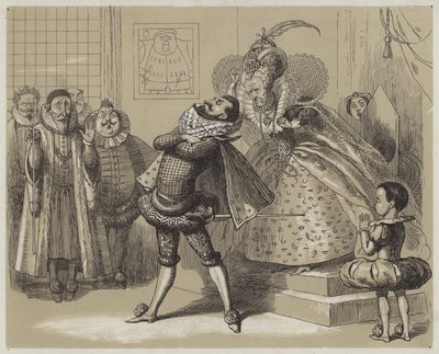 エリザベス女王と彼女のお気に入りのエセックス（アクアチント）の印象的なシーン 作： Richard Doyle