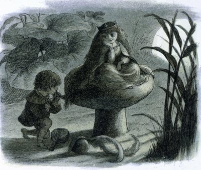 きのこに腰掛けた水の妖精が恋人に求愛される。 リチャード・ドイルの「ワールド・オブ・フェアリーズ」で 作： Richard Doyle