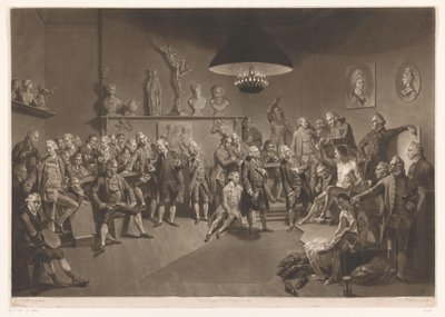 1768年、裸の男性モデルがいるインテリアの王立アカデミーのメンバー 作： Richard Earlom