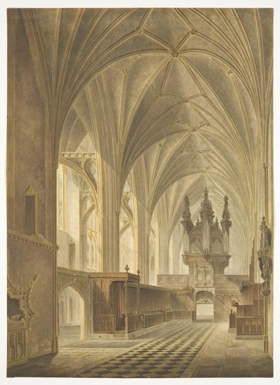 The Choir of Bristol Cathedral, Looking West（手彩色アクアチント 作： Richard G. Reeve