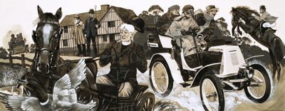 村人と馬を驚かせる騒々しい新車 作： Richard Hook