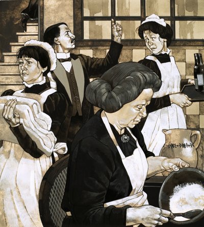 階段の下では、大勢の使用人たちがゲストの到着に備えている。 作： Richard Hook