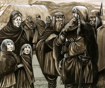 奴隷として売られたアングロサクソン系貧困家庭の子供たち（紙にグワッシュ） 作： Richard Hook