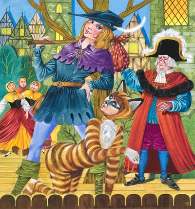 パントマイム『ディック・ウィッティントン』の一場面（紙にグワッシュ） 作： Richard Hook