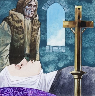 ランスロット卿が尼僧院に到着すると、ギニヴェール王妃はすでに亡くなっていた。 作： Richard Hook