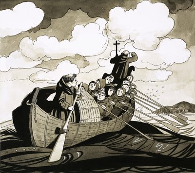 島に向かって漕ぎ出す修道士たち 作： Richard Hook
