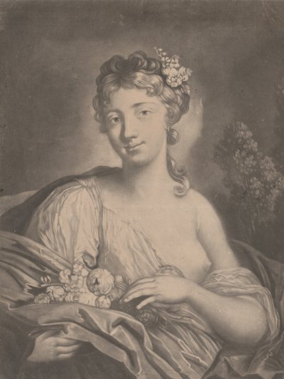 春：マントに花を持った若い女性、1775年。 作： Richard Houston