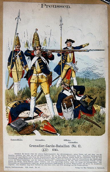 1745年のプロイセンの擲弾兵と将校、1890年頃（カラーリトグラフ） 作： Richard Knoetel