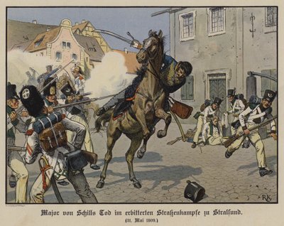 1809年5月31日、シュトラールズントでの市街戦でのフォン・シル少佐の死（カラーリトグラフ 作： Richard Knotel