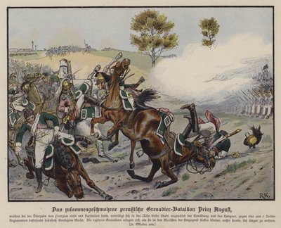1806年10月28日、プレンツラウの戦いでのプロイセン皇太子アウグストゥスの擲弾兵の隊列（カラーリトグラフ 作： Richard Knotel