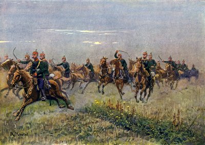 疾走するサクソン軍の野砲（カラーリトグラフ 作： Richard Knotel
