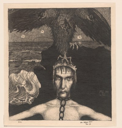 頭に 3 つの頭の猛禽類を持つ鎖でつながれた男 アナンケ（Fate）（原題） 作： Richard Nicolaüs Roland Holst (signed by artist)