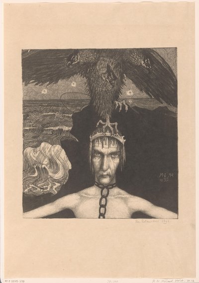 頭に 3 つの頭の猛禽類を持つ鎖でつながれた男 アナンケ（Fate）（原題） 作： Richard Nicolaüs Roland Holst