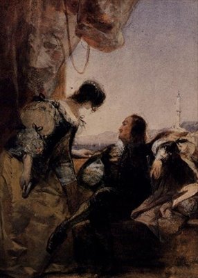 ジェノバのテラスに立つ騎手とその女性 作： Richard Parkes Bonington
