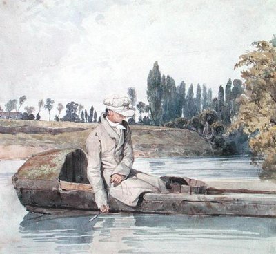 川でボートから釣りをする男（水彩・紙） 作： Richard Parkes Bonington