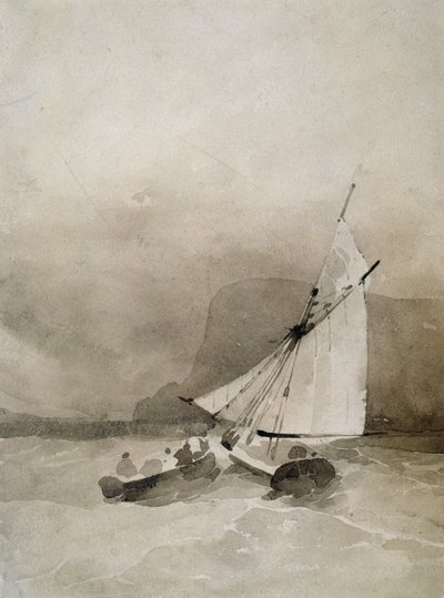 サセックス州ビーチーヘッド沖の荒海での帆船と手漕ぎボート 作： Richard Parkes Bonington
