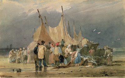 嵐が迫る浜辺の漁師たち（水彩画 作： Richard Parkes Bonington