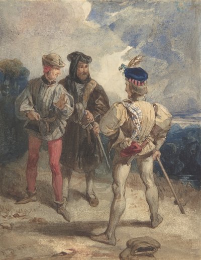 Quentin Durward and the Disguised Louis XI recto, Study of male figure verso, 1825 or 1826. 作： Richard Parkes Bonington