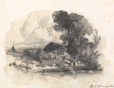 木と川沿いのコテージ 作： Richard Parkes Bonington