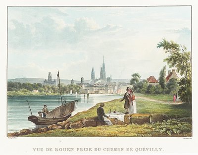 ケヴィリー街道から撮影したルーアンの眺め（フランス）。リトグラフ（34.7x51.7cm）、リチャード・パークス・ボニグトン（1802-1828）作、19世紀初頭。 作： Richard Parkes Bonington