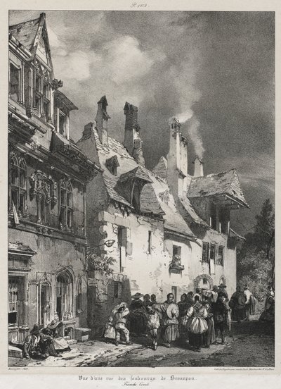 古代フランス、フランシュ コンテの絵のようにロマンチックな旅: ブザンソン郊外の通りの眺め 作： Richard Parkes Bonington