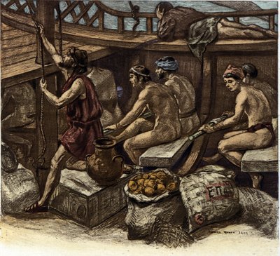 アンティークのギリシャのガレー船に乗ったガレリアンの生活。リチャード・ランフト（1862-1931）によるイラスト 1909年 作： Richard Ranft