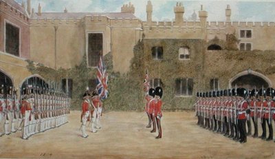 セント・ジェームズで衛兵を交代する擲弾兵-1804年の旧衛兵と1904年の新衛兵（水彩・紙） 作： Richard Simkin