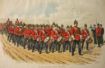 マーチングメンの列をリードするロイヤルマリンライト歩兵バンド、1895年 作： Richard Simkin