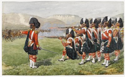 1854年10月25日のバラクラバの戦いでの第93サザーランドハイランダーズ：1854年の細い赤線（紙にトイレ） 作： Richard Simkin