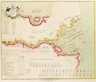 ロンドンからノア、マーゲート、ダウンズまでのテムズ川、北水路、中水路、南水路の海図。 作： Richard Stanier