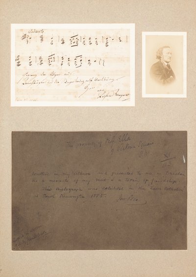 ワーグナーのカルテ・デ・ビジット写真と出所のメモを載せたサイン入りの音楽の引用 作： Richard Wagner
