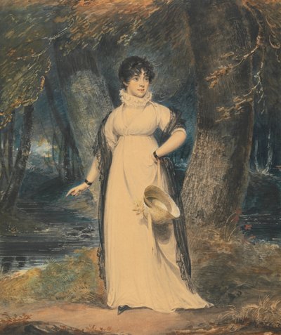帽子をかぶった淑女の肖像のある風景、全身 作： Richard Westall