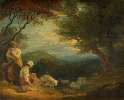 女性、羊、犬のいる風景、1830年。 作： Richard Westall
