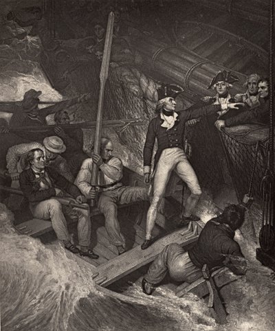 ネルソン中尉が暴力的な強風で賞を受賞することを志願、ロバートサウジー（1774-1843）による「ネルソンの生涯」のイラスト、1813年に初公開 作： Richard Westall