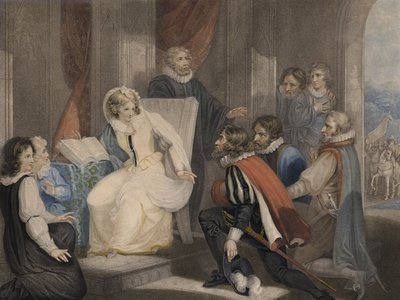 エリザベス女王、姉のメアリー女王の死の知らせを受け取る（アクアチント色） 作： Richard Westall