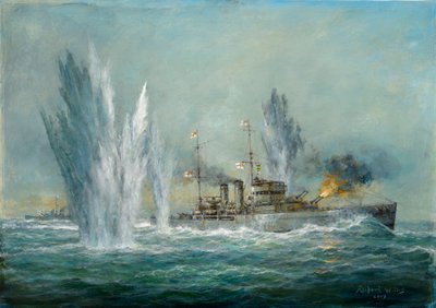 HMSエクセター、2009年リバープレートの戦いでグラフシュプレーに参加 作： Richard Willis