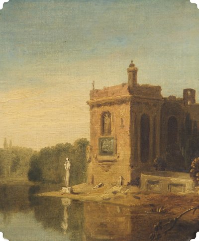 パビリオンと彫像のある湖、イタリア（キャンバスに油彩） 作： Richard Wilson
