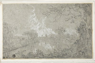 イートンホール近くのディー川のほとり、チェシャー、1759年頃（カードに置かれた青いレイドペーパーに黒と白のチョーク） 作： Richard Wilson