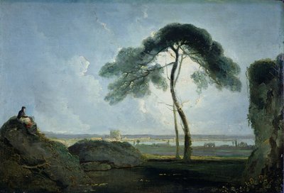 石松のあるイタリアの風景（キャンバスに油彩、オーク材パネル） 作： Richard Wilson