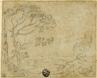 前景に傘松のあるイタリアの風景 作： Richard Wilson