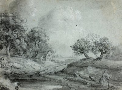 風景, ∥で∥, 女, そして, 牛, (reto); 風景のスケッチ (裏面) 作： Richard Wilson