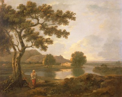 農家のある川の風景（キャンバスに油彩） 作： Richard Wilson