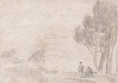 ミネルバ神殿の廃墟?、川岸に描かれた二人の人物 作： Richard Wilson