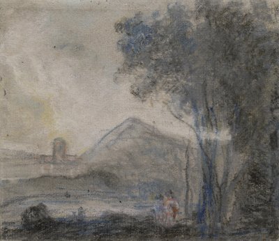 「キケロとその仲間たち」の習作 (灰色がかった紙に黒、白、明るい色のチョーク) 作： Richard Wilson