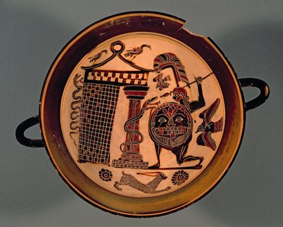 蛇を攻撃する戦士を描いたラコニアの黒像式カップ、紀元前6世紀（陶器） 作： Rider Painter