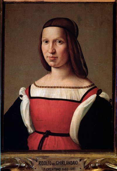 パフスリーブの赤いドレスを着た下層階級の女性の肖像（絵画 作： Ridolfo Il  Ghirlandaio