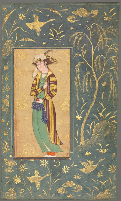 ザクロを持つ若者、1ページの原稿からのイラスト、c.1600-1650。 作： Riza yi Abbasi