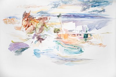砂漠のコンドミニアム、2023年（水彩画） 作： Rob D Davies