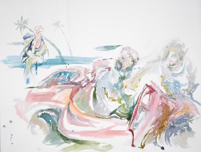 TVスター、割れかけたケース、切り取られた赤いスポーツカー、2023年（水彩画） 作： Rob D Davies
